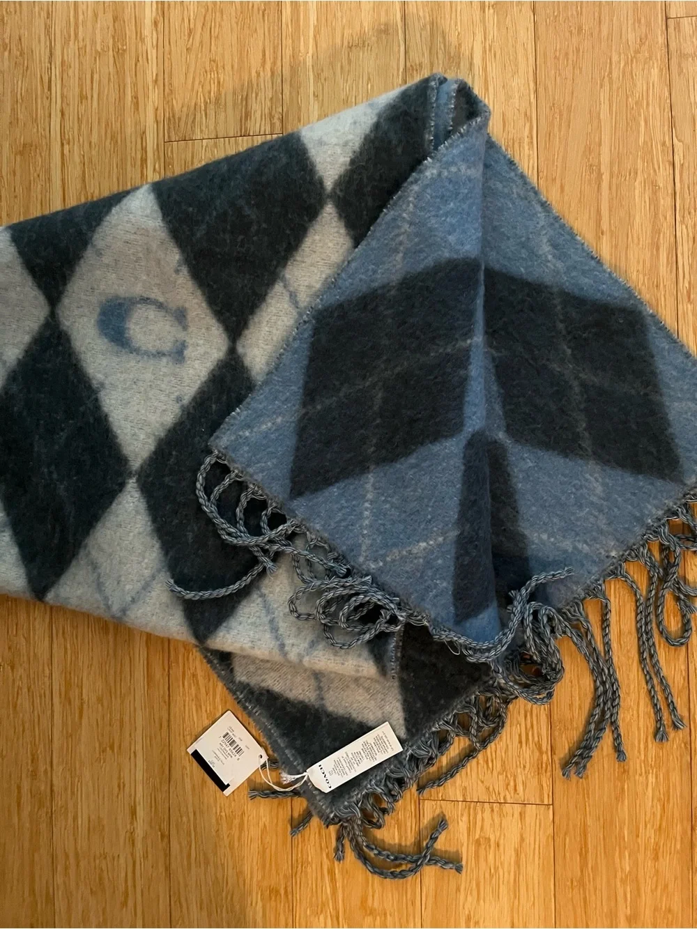 Coach Argyle Fringe Scarf in Navy & Cream